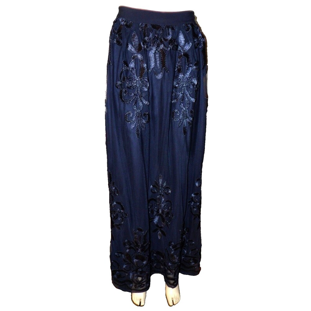 BELLE BADGLEY MISCHKA Skirt Navy Embroidered Maxi Lined Sz 12 Bride Mother Groom